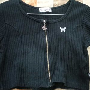 Korean Butterfly Embroidery Black Crop Top