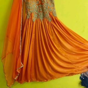 Beautiful Orange Gown With Pant And Dupatta