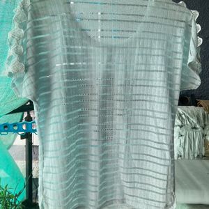 Rhinestones Stone Stutted Light Blue Sheer Top