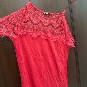 Red Top  With Net Mesh Neck And Shoulder