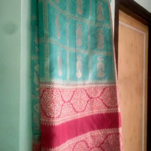 Sea Green And Red Colour Semi Pattu Saree