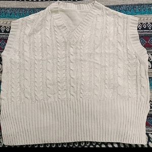 Cream Cable Knit Cropped V-neck Sweater Vest.