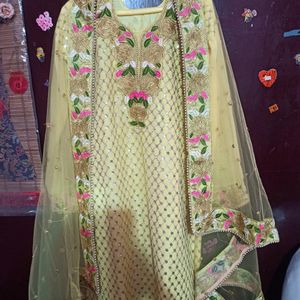 Sequin Yellow Pallazo Semi Stitched Suit