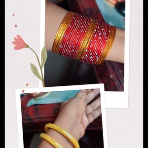 Combo Red-Gold Metal And Yellow Glass Bangles