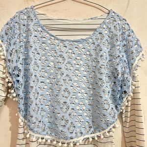 Ice Blue-white Full Sleeves Fitted Net Top