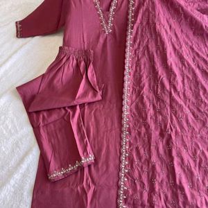 New Women Cotton Silk Kurta Pant Dupatta Set