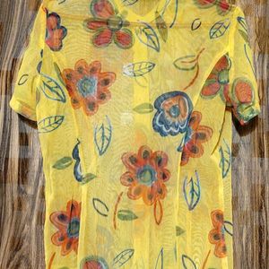 Pepe Floral Yellow Netted See-through Button Top