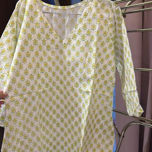 Off White Kurti With Yellow Flowers Print