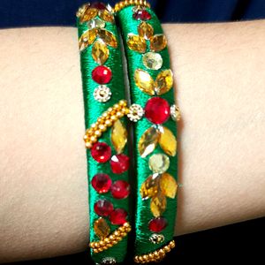 1 Pair Of Green Silk Thread Designer Bangles