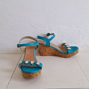 Turquoise Blue And Brown Wedge Heels