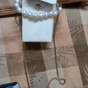 Cute White  Sling Bag With Pearl Handle