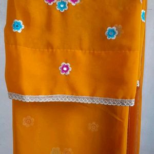 Flower Embroidered Orange Saree