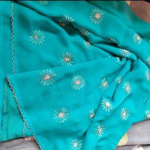 Cyan Fancy Floral Print Saree(Women)