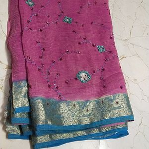 pink blue combination saree