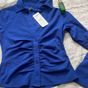 NEW WITH TAG Ruched Blue Shirt, Spread Collar