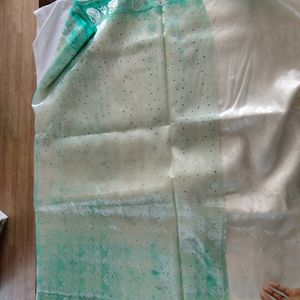 White And Green Embroidered Saree (Women's)