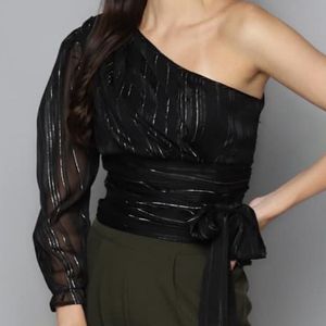 Sassafras Women Black & Silver One Shoulder Top