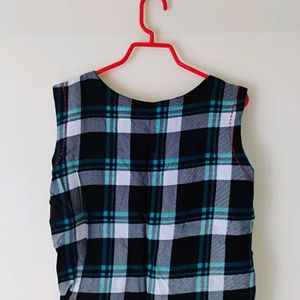 Blue Checked Embroidered Straight Crop Top