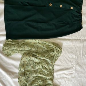 Full Sleeveless Light Green Top And Gree Skirt