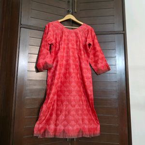 Women Red Tussar Silk Printed Kurta