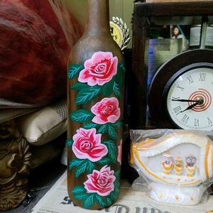 Handpainted Floral Art On Glass Bottle/ Vase