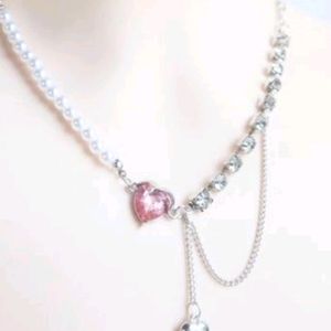 Crystal Pink Heart Pinteresty Pearl Neck Chain