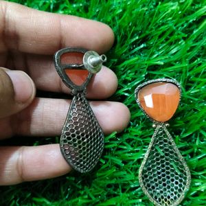 Oxydized Earrings With Orange Stone