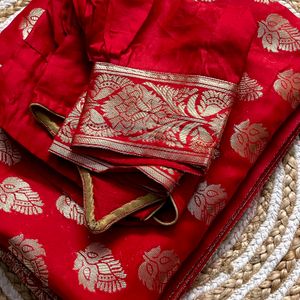 Red Banarasi Saree With Puff Sleeve Blouse