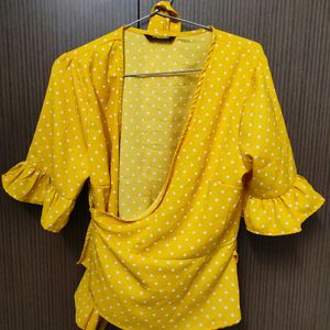 Harpa Yellow Wrap Top | Polka Dot Print | Size 38