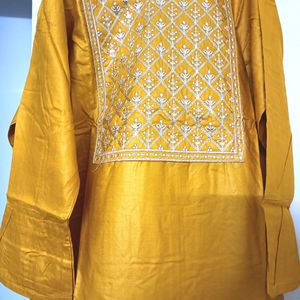 Sequence Neck Work Stitched Yellow Kurta