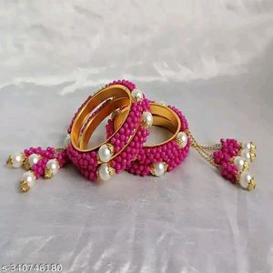 2 Pink & Gold-Toned Beaded Bangles with Latkan