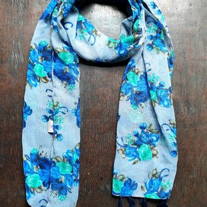 Blue Printed Chiffon Scarf With Tassels