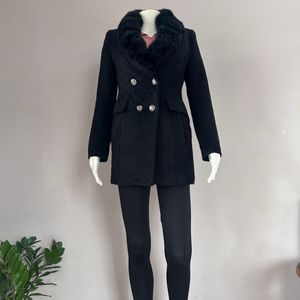 Black Coat With Detachable Fur Collar