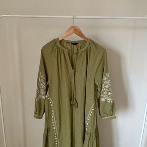 Floral Olive Embroidered Cotton Midi Shirt Dress