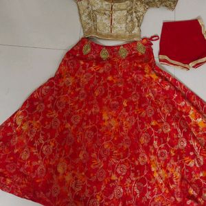 Golden Blouse With Red&Mixed Orange Printed Lehnga