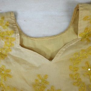 Yellow Chikenkaari Work Breautiful Kurti