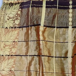 Brown Gold Checked Saree