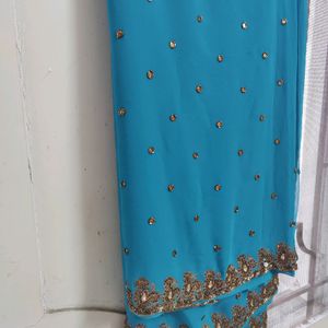 Teal Heavy Embroidery Saree With Blouse