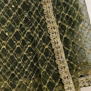 😍Elegant Green And Gold Net Saree With Lace Borde