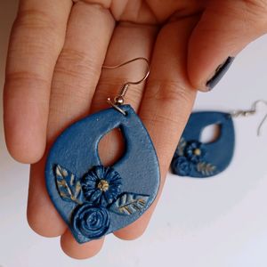 Blue And Golden Porcelain Clay Floral Earrings