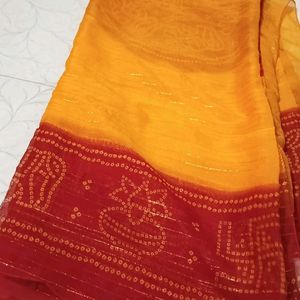 Beautiful Dark Yellow And Red Saree