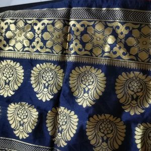 Blue Silk Dupatta With Golden Print