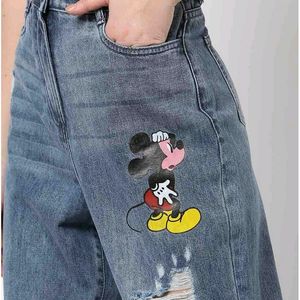 Mickey Mouse Print Distressed Jeans