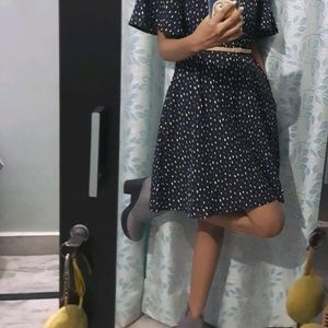 Black Printed Short Dress With Pockets(Without Belt)