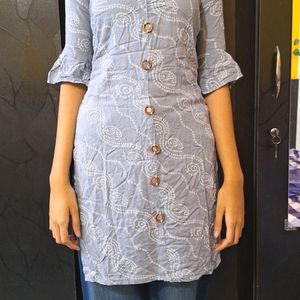 Grey Patterned Cotton Straight Kurta