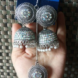 Silver Coloured Attractive Earrings with tika