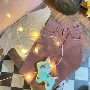 Combo Of Korean Brown Jean And CropTop For Women