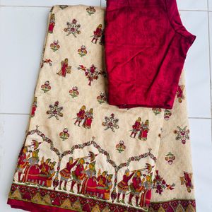 Beige And Maroon Kantha Stitched Worked Saree