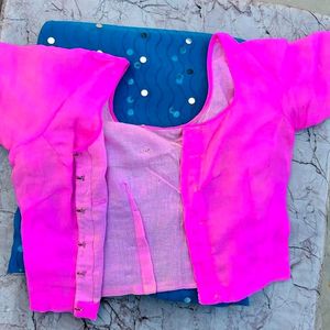 Blue - Pink Saree With Blouse For Women 🥻