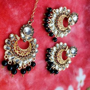 Alloy Golden-black Earrings & Mangtika Set